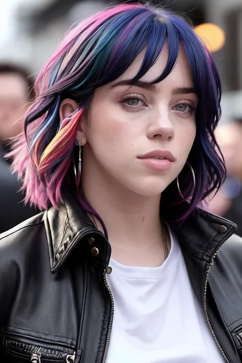 a photo of (b1ll1331ll1sh:0.99), a woman with multi colored hair wearing a leather jacket, jeans, on the street, (masterpiece), (best quality), (detailed), (8k), (HDR), (wallpaper), (cinematic lighting), (sharp focus), (intricate), (closeup) , looking at v...