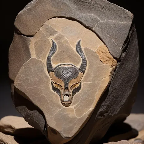 a close up of a rock with a head of a horned animal on it