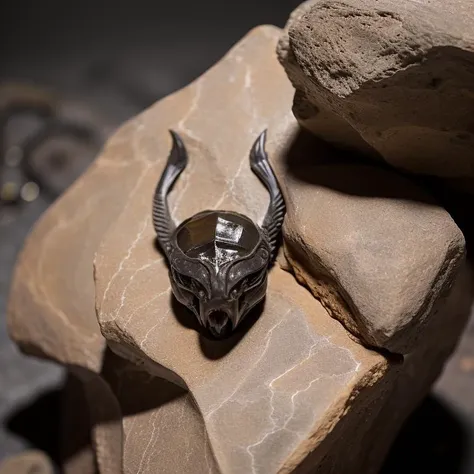 there is a ring with a horned head on a rock