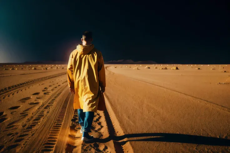 cinematic still shot, 1 man,  tshirt, yellow coat, cyberpunk, desert, sand storm,  midnight, neon light, bladerunner, orange ton...