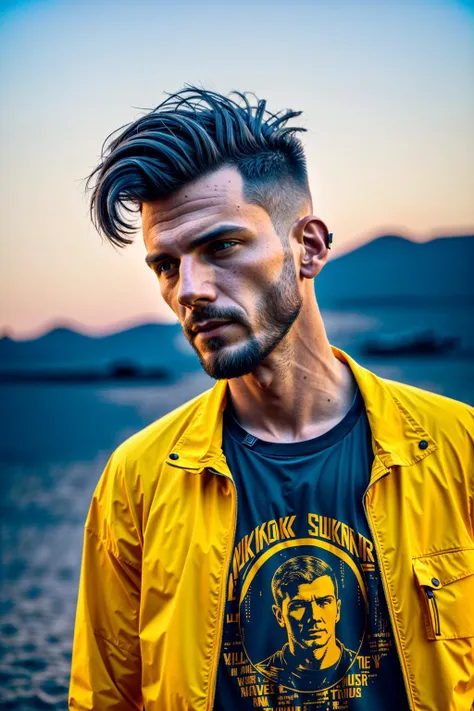 cinematic still shot, 1 man,  tshirt, punk hair style, yellow jacket, cyberpunk, moon surface, sand storm,  midnight, neon light...