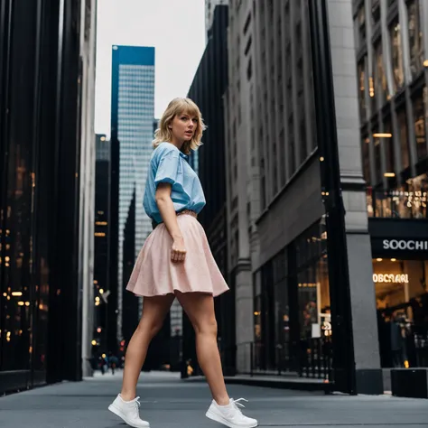 a woman walking down a city street in a pink skirt