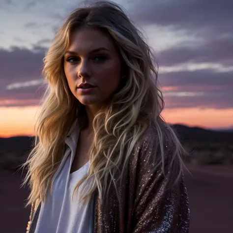 a woman standing in the desert with a sunset behind her