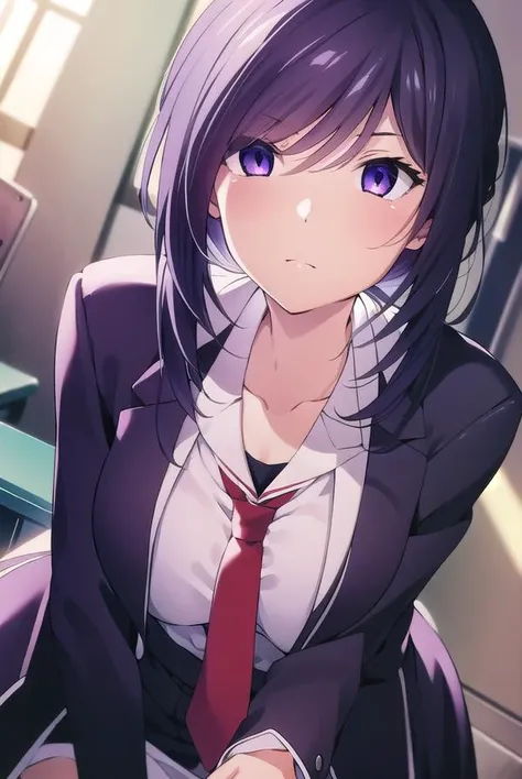 miokunosato, <lyco:miokunosato-LYCORIStest:1>,
mio kunosato, long hair, black hair, very long hair, (purple eyes:1.1), ponytail,
BREAK school uniform, necktie, labcoat,
BREAK looking at viewer, hands behind head,
BREAK indoors, classroom,
BREAK <lora:GoodH...