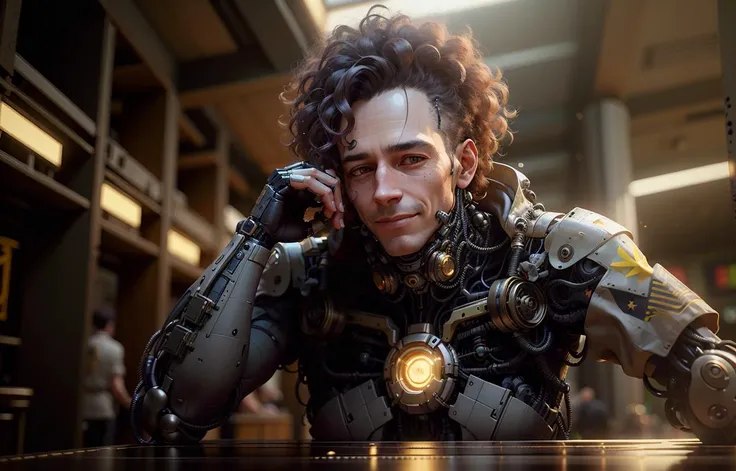 smiling man in military suit, curly hair, render, unreal 5, 8k, ultra quality, (((masterpiece))), (reelmech:1.4), cyborg hands, cyberpunk 2077, looking in camera