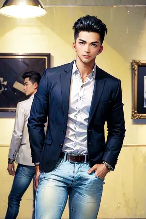 A portrait of a handsome (denverhernandezkm) standing confidently in a modern art gallery. He has a charming smile and sharp, engaging eyes. Hes wearing a stylish, casual blazer over a crisp, white shirt, paired with dark jeans. His hair is neatly styled, ...