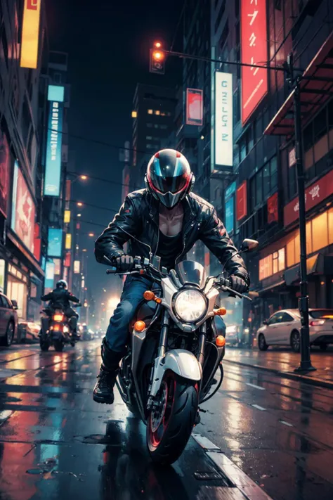 Cyberpunk-themed depiction of a man in a white tank top, riding a motorcycle at high speed. The man is wearing a futuristic helmet, and the motorcycle is designed with sleek, advanced features. The scene conveys a strong sense of motion, with blurred surro...