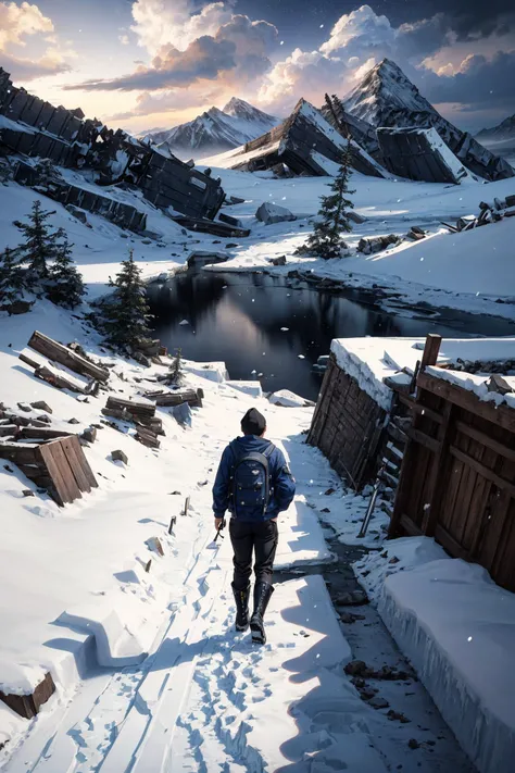 (landscape:1.5),snow mountain,snow cover,footprints in the snow,(a man WITH navy blue hoodie,black pants,and black Martin boots),(solo:1.5),walking,(hands in pocket:1.2),Wearing a hooded hat,(sword on back:1.2),black backpack,(back shadow:0.8),adult,short ...