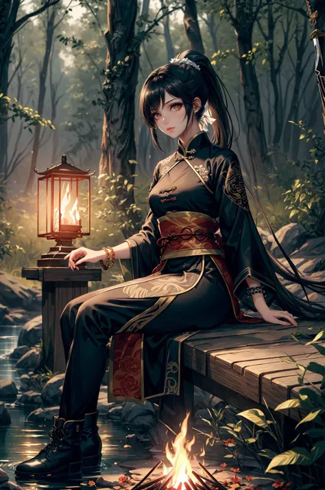 Masterpiece,best quality,highly detailed,Amazing,fine detail,extremely detailed CG unit 8k wallpaper,score:>=60,a girl with long black hair,an imperial sister,devilish figure,slender,adult,swordsman,knight,Chinese long shirt,shut up,sit cross legged,lookin...