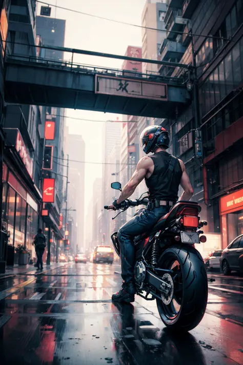 Cyberpunk-themed depiction of a man in a black tank top, riding a motorcycle at high speed. The man is wearing a futuristic helmet, and the motorcycle is designed with sleek, advanced features. The scene conveys a strong sense of motion, with blurred surro...