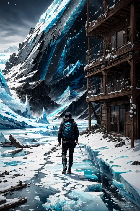 (landscape:1.5),snow mountain,snow cover,footprints in the snow,(a man WITH navy blue hoodie,black pants,and black Martin boots),(solo:1.5),walking,(hands in pocket:1.2),Wearing a hooded hat,(sword on back:1.2),black backpack,(back shadow:0.8),adult,short ...