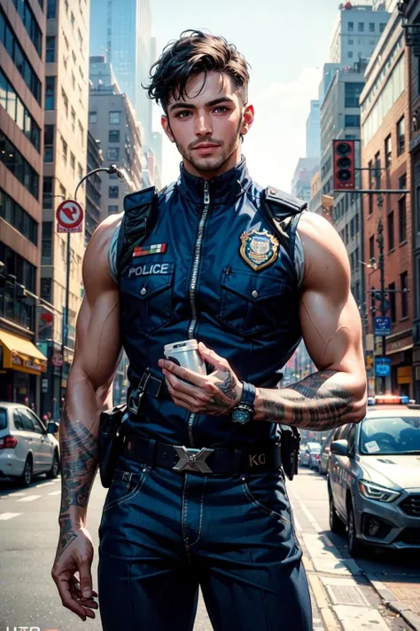 ((masterpiece)), ((best quality:1.2)), High Resolution, 8k, (ultra_realistic:1.3), (photorealistic:1.4), (instagram model, handsome:1.2), sharp focus, a photo of (man), sleeveless police uniform, new york city, urban place, outdoors, daytime, grinning, smo...