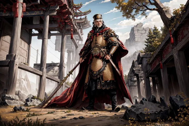 (A man dressed in Chinese-style armor:1.2),an old general,Chinese-style armor,(cloak:1.2),wielding a guandao,a long-handled weapon,chinese ancient military flag,elderly,white hair,white beard,strong,rough skin,full body,bloodstains on the armor,swinging th...