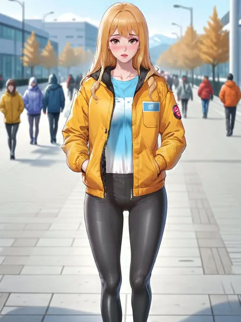 masterpiece, best quality, highres, a woman in a jacket and leggings walking down a sidewalk,1girl,long hair,breasts,looking at viewer,blush,blonde hair,shirt,brown eyes,jacket,outdoors,open clothes,solo focus,day,pants,lips,blurry background,feet out of f...