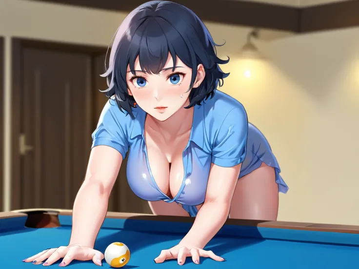 masterpiece, best quality, highres, a woman dress as a playboy bonnie playing pool,1girl, clocktail in hand, solo,breasts,blush,short hair,blue eyes,large breasts,black hair,holding,cleavage, indoors,sweatdrop