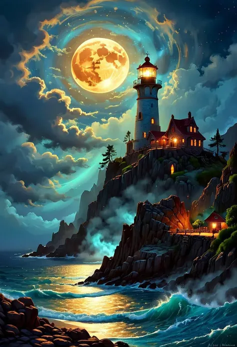 Out in the Pacific Northwest, under the calming glow of a full moon, a bright and vibrant landscape unfolds. A vibrant, colorful ship sails across a serene ocean, its vivid hues comparing nicely with theupbeat atmosphere. In the background, a lighthouse ...