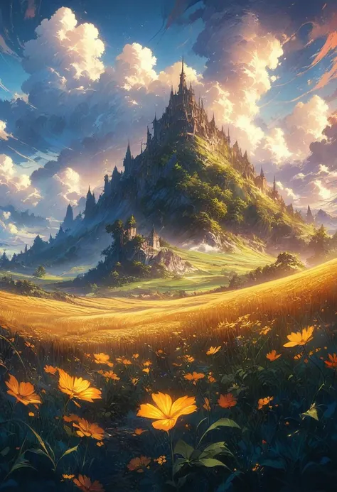 beautiful grain field, beautiful day, beautiful scenery, high quality, best aesthetics, masterpiece, illustrative details, anime...