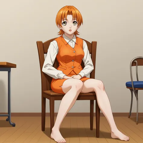 anime girl sitting on a chair in a classroom with a desk