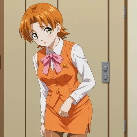 anime girl in orange dress standing in front of a door