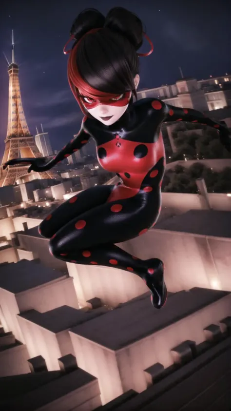 <lora:Shadybug:0.7> shadybug, 1girl, black and red suit, black lipstick, a suit with black and red dots, black hair, red eyes, BREAK, <lora:Parkour-09:0.5> (parkour, wall climbing, jumping, freefall:1.25), BREAK, night, (outdoors, skyline:1.15), (full moon...