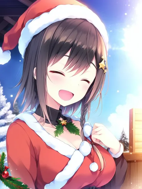 <lora:Sonoya_Chika:0.8>, SonoyaChika, 1girl, soro,  star_hair_ornament,   hair_ornament, black_hair,  bangs, closed eyes,  open mouth,  side braid, long_hair, single_braid,  large_breasts, sky, outdoor, morning,
Christmas, SantaClaus, hat, happy, smile,
ma...