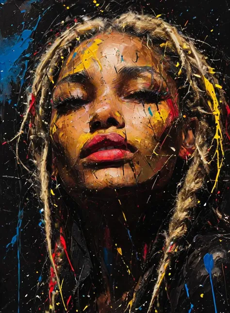 impactful paint of a beautiful woman with blond dreadlocks, <lora:Pollock_2_0:0.8>, high contrast, high saturated, , vivid deep blacks, crystal clear