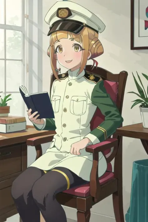 best quality, masterpiece, highres, solo, {takahata_nodoka_alicegearaegisexpansion:1.15}, hair_bun, blush, double_bun, bangs, blonde_hair, yellow_eyes, open_mouth, brown_hair, 1girl, book, hat, indoors, military, military_hat, military_uniform, peaked_cap,...