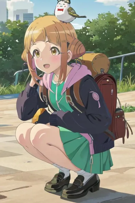 best quality, masterpiece, highres, solo, {takahata_nodoka_alicegearaegisexpansion:1.15}, hair_bun, blush, double_bun, bangs, blonde_hair, yellow_eyes, open_mouth, brown_hair, 1girl, backpack, bag, jacket, short_hair, hood, animal_on_head, bird, closed_eye...