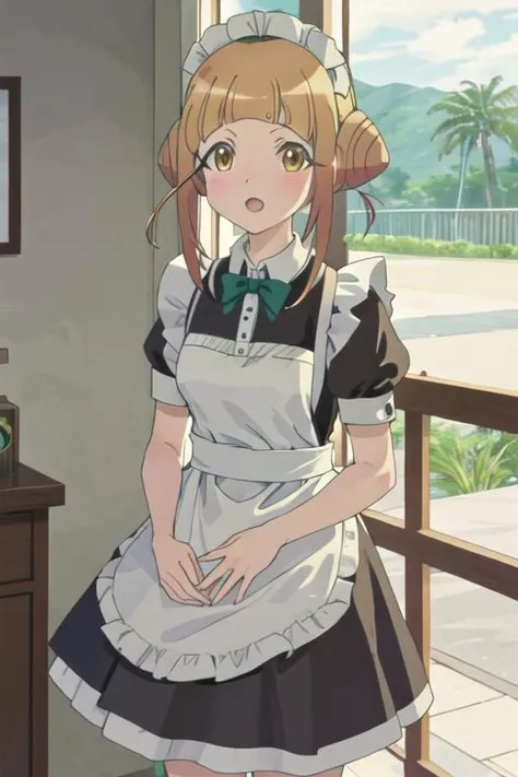 best quality, masterpiece, highres, solo, {maid:1.40}, {long maid dress:1.15}, {takahata_nodoka_alicegearaegisexpansion:1.15}, hair_bun, blush, double_bun, bangs, blonde_hair, yellow_eyes, open_mouth, brown_hair