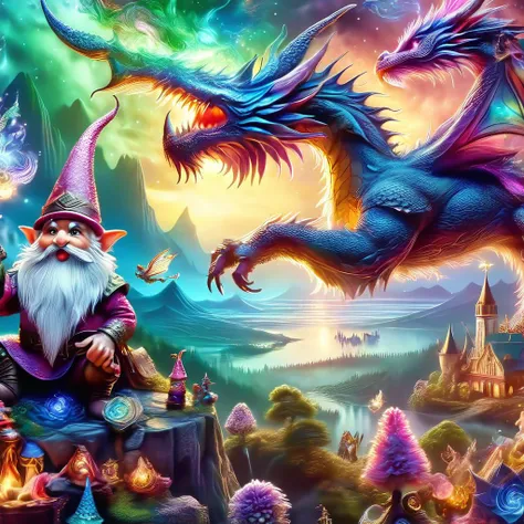 a painting of a gnome and a dragon in a fantasy world