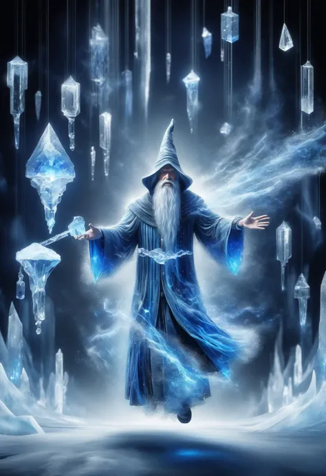 DonMD1g174l4sc3nc10nXL, DonMM1y4XL  male wizard  ice magic crystalline ice suspended in mid-air, exuding a bone-chilling cold,  surface reflective, frosty blue light, icicles floating around,    <lora:DonMD1g174l4sc3nc10nXL-000006:1.0> <lora:DonMM1y4XL-v2r...