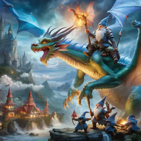 a painting of a dragon with a man riding on it