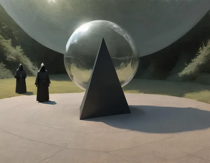 <lora:crmu:0.6>crmu, hooded figures, tetrahedron with sphere balancing on top of it inside of a circle on the ground, shadow, smaller spheres, nature, occult ritual, impossible gravity