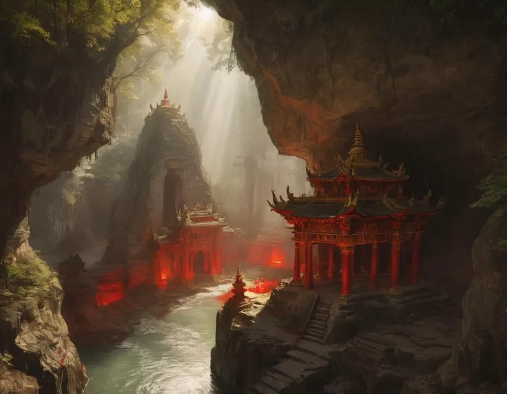 <lora:crmu:0.6>crmu, light shining through hole in roof onto black and red temple built on a rock in a river in the forest