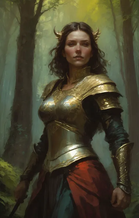 triadic colors, digital painting BREAK <lora:crmu:0.6>crmu, head and shoulders shot of a statuesque Manx woman with a shy smile (curvy and busty:2) wearing dwarven armor and fighting a monster in a lush forest teeming with life BREAK maximum details, by An...