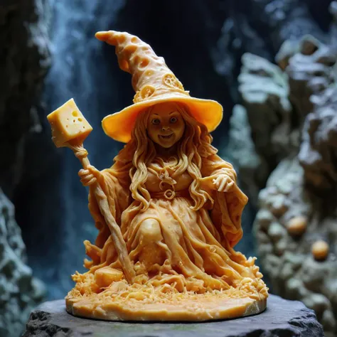 Painting of realistic detailed witch in mystical magic cave cheese sculpture of <lora:Cheese_Style_v3:1>