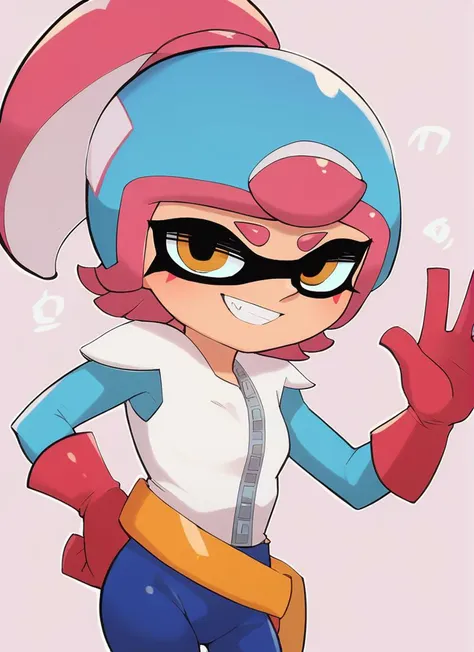 a cartoon girl with a pink and blue helmet and gloves