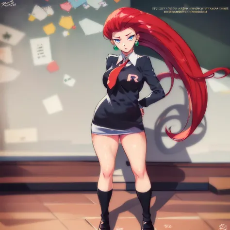 (anime style, best illustration:1.3), 1girl,  looking at viewer, beautiful face, detailed eyes, deep eyes, standing, sexy pose, fullbody, (cleavage:0.5), (tie, schoolgirl uniform, long sleeve dress shirt, black pleated skirt, socks), (classroom:1.2),  <lor...