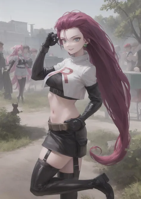 masterpiece,extremely detailed CG unity 8k wallpaper, best quality,32k,focus sharp,
jessie pokemon, team rocket, gloves, hair slicked back, long hair, jewelry, skirt, navel, thighhighs, earrings, elbow gloves, team rocket uniform, crop top, blue eyes, midr...