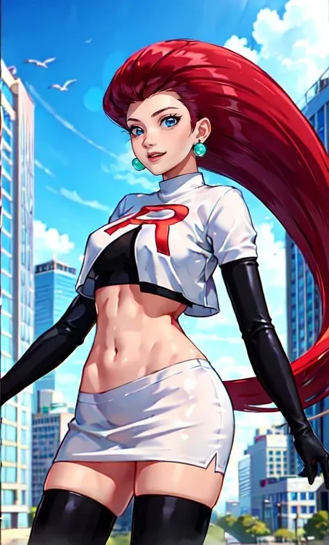 (best quality, highly detailed:1.3), (masterpiece:1.3), ((official art)), detailed face, beautiful face, (detailed eyes, perfect eyes, deep eyes), (1girl:1.33, solo), full body, jessie(pokemon), (very long hair, small breasts, narrow waist, red hair, hair slicked back:1.2), (cyan eyes), earrings, grin, team rocket, team rocket outfit, white crop-top, white miniskirt, midriff, navel, black elbow gloves, black thighboots, , (cowboy shot:1.3), (dynamic angle, city, detailed background:1.2) <lora:jessie:0.8>