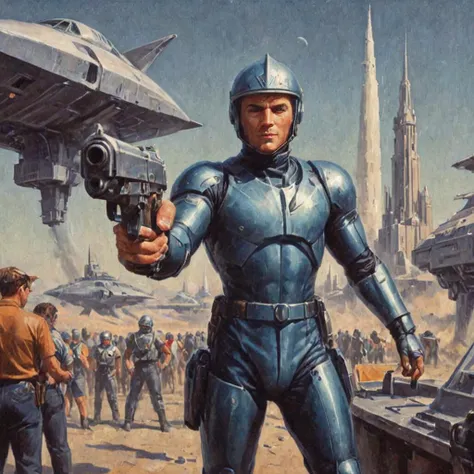 1950s-illustration-style, pulp magazine style, (a handsome-man-space-ranger-blue-uniform-boots-helmet-pointing-pistol-at-viewer), behind (a retro space-ship) future city background, (best quality) (masterpiece) <lora:XL_Weapon_pistol:1>