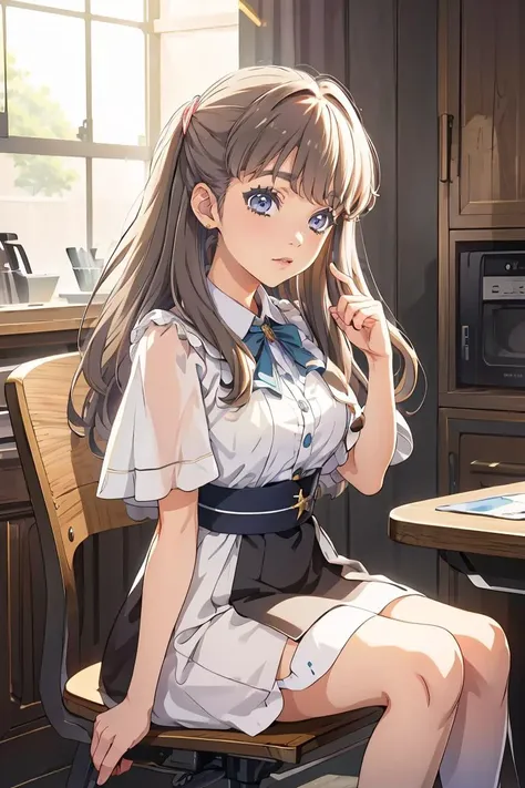 anime girl sitting in a chair in a kitchen with a laptop