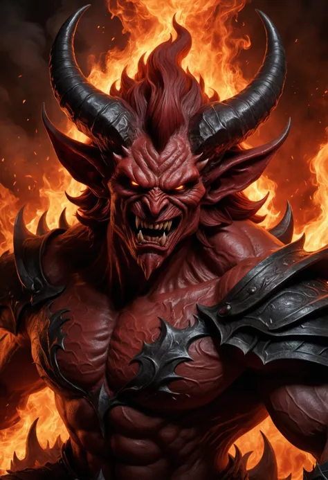 a demonic demon with horns and a large face in flames