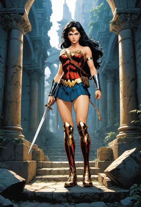 wonder wonder woman standing in front of a stone archway