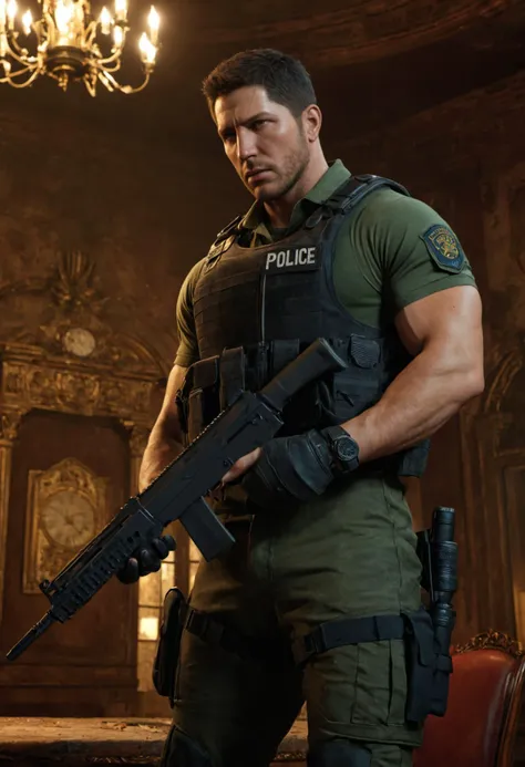 a man in a uniform holding a rifle in a room