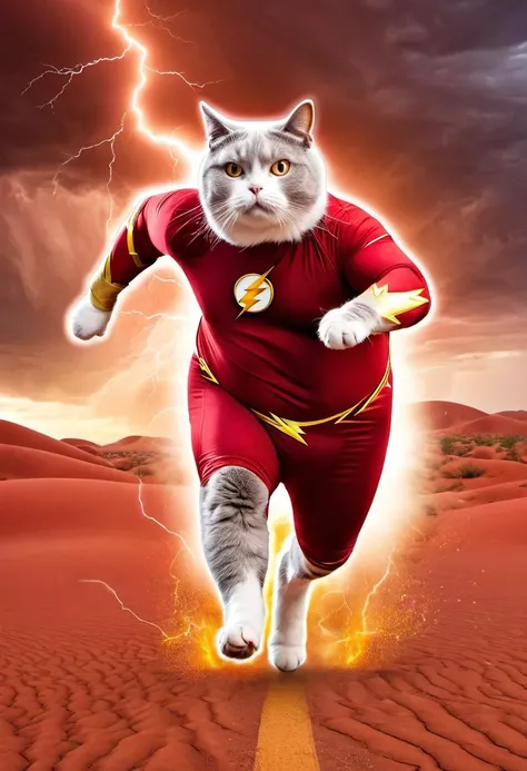 Photo of obese cat sprinting in a red desert, dressed as the flash, (lightening everywhere:1.2)