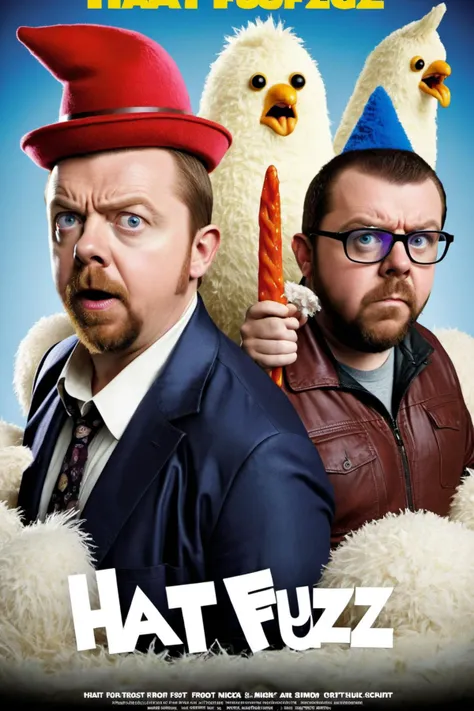 a poster of two men with hats and a chicken on their head