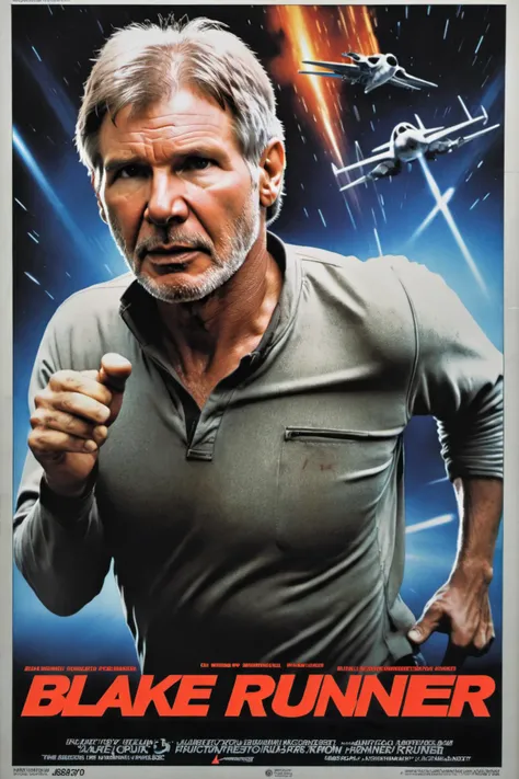 Movie poster of "Blake Runner" starring Harrison Ford. Movie poster page "Blake runner",movie poster,<lora:EMS-251729-EMS:0.800000>