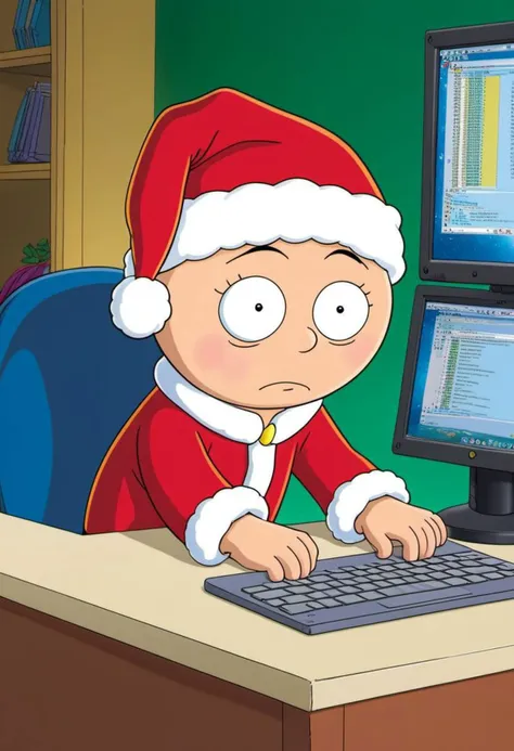 a close up of a person in a santa outfit sitting at a computer