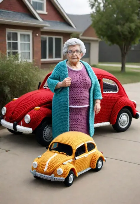 arafed woman standing next to a car and a toy car